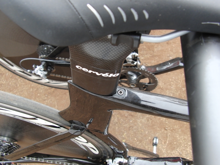 Clean seatpost area - binder bolts gone, brake gone, tail fin added, seat stays oriented horizontally at seat tube