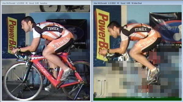 Alex on his trainer bike (left) and his final position on the TTFitBike (right)
